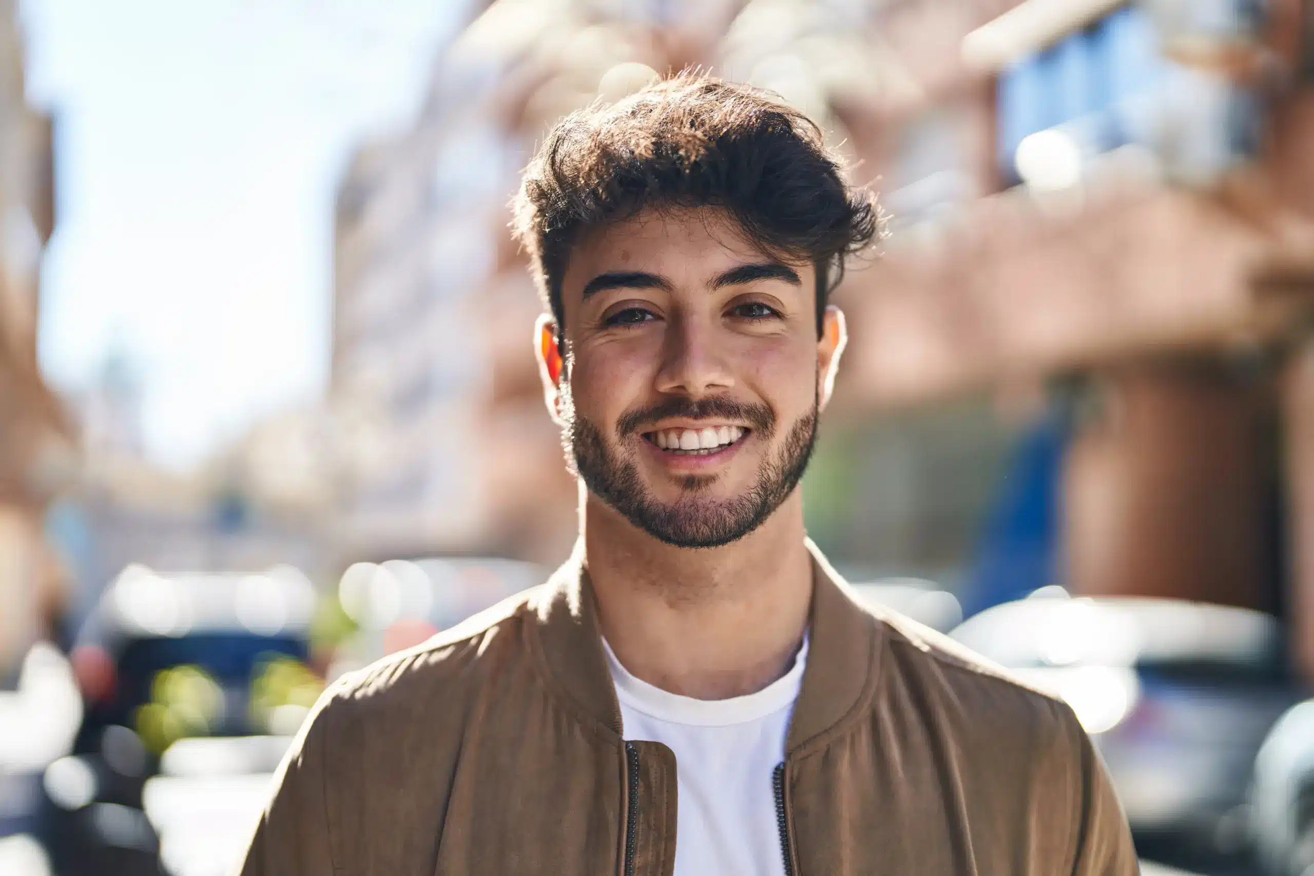 Young man smiling confidently outdoors with healthy teeth and a bright smile